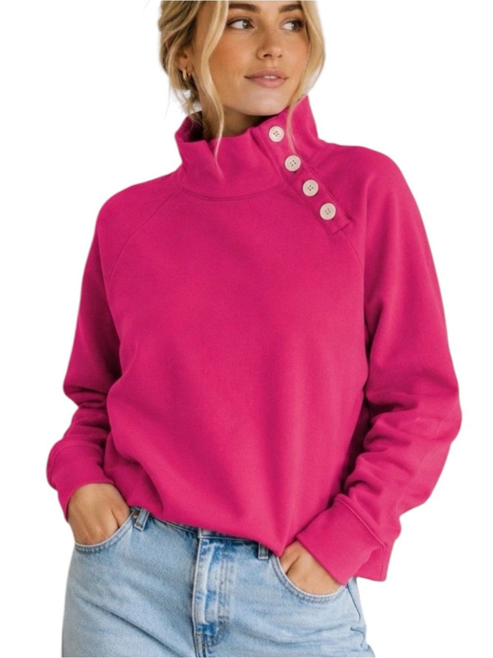 J.CREW Fuchsia Pink Button Cowl Neck Pullover Sweatshirt Sweater Medium